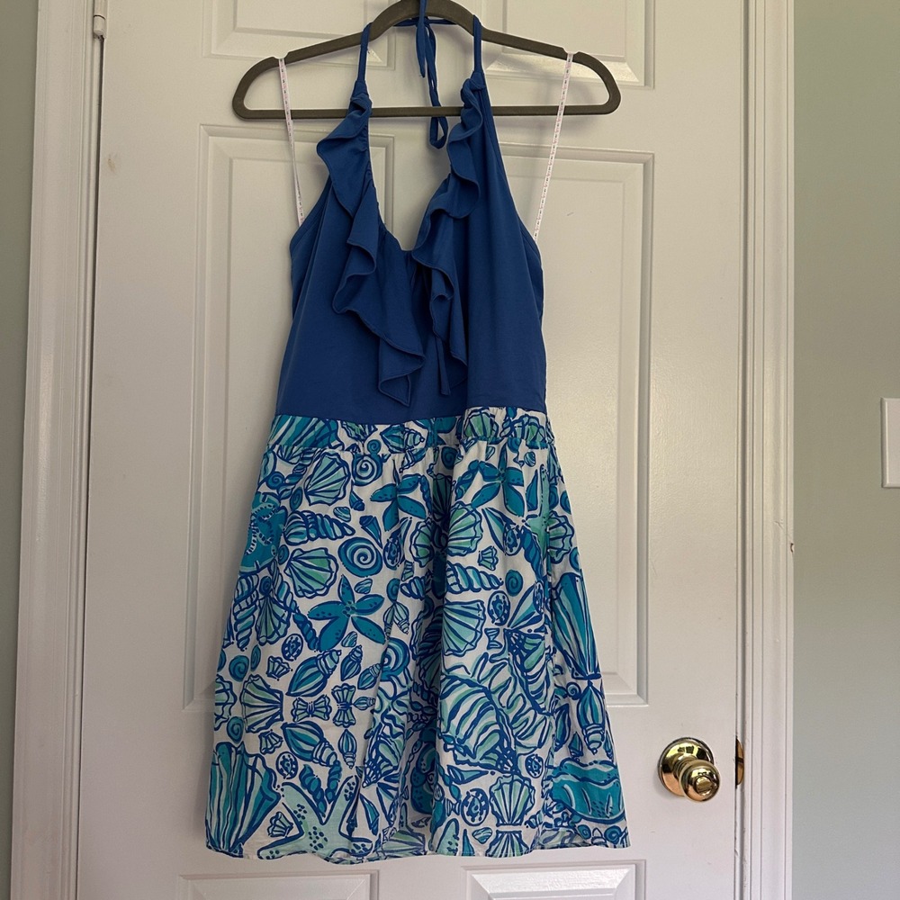 Lilly Pulitzer Quinn Halter Dress Blue Seashell Starfish Coastal Mini Large